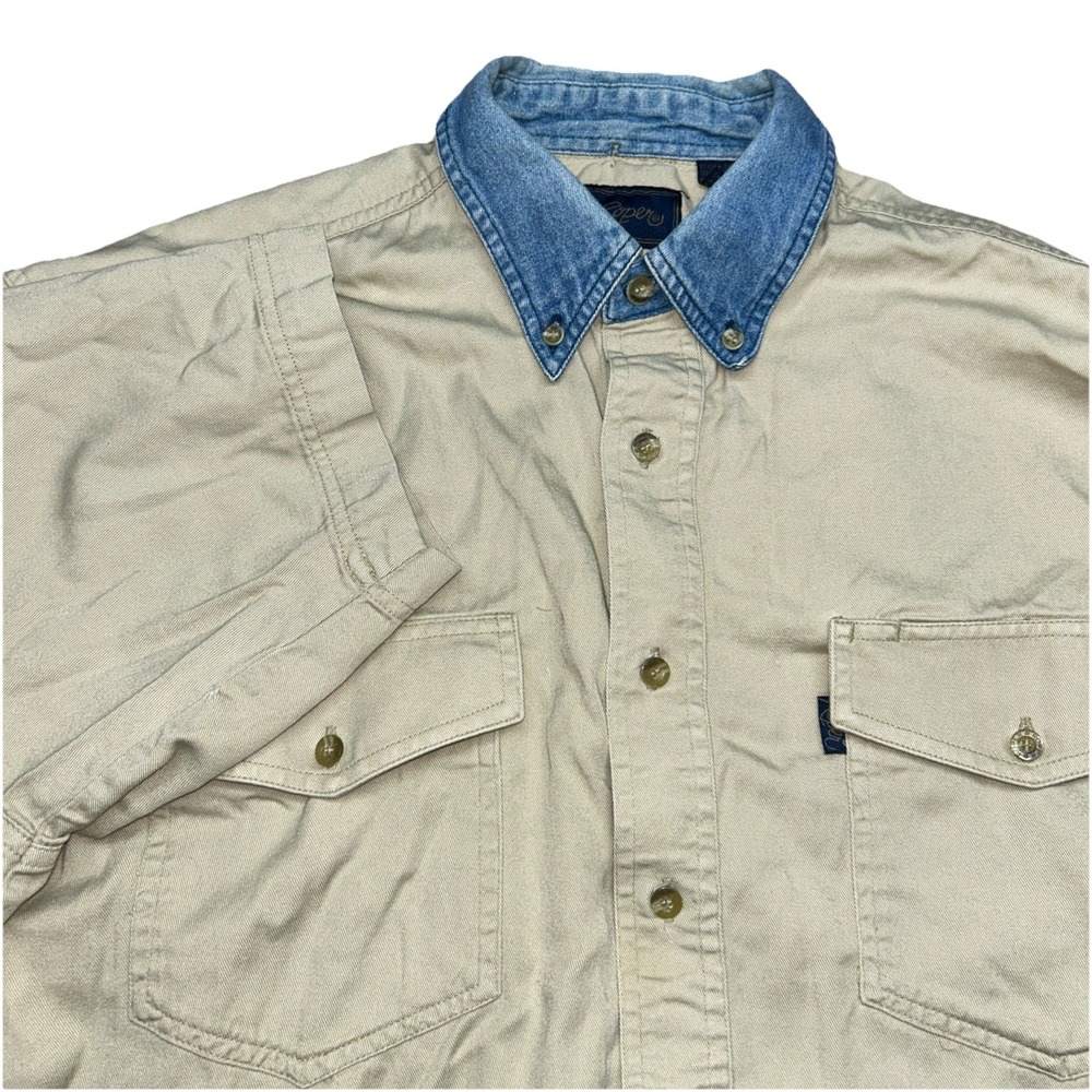 Roper Shirt‎ Medium Tan Beige Denim Collar Rodeo Western Cowboy Button Up